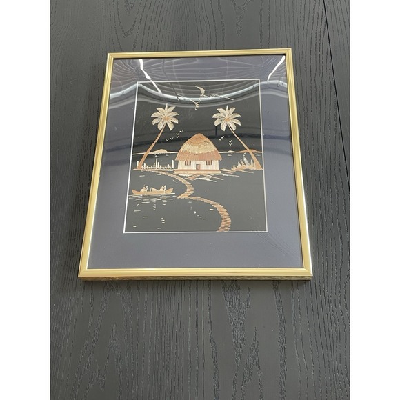 The Unbranded Brand Other - Vintage Framed Handcrafted Asian Straw Art Wall Decor Palm Tree Scene